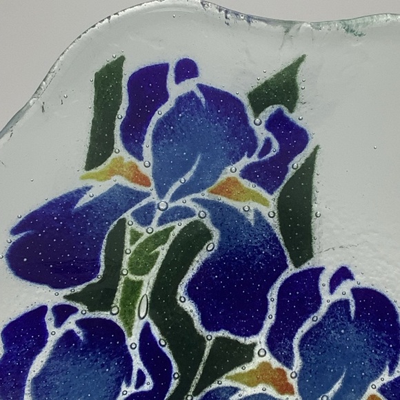 Peggy Karr Hand Fused Glass Bowl Featuring Blue Irises - Picture 5 of 13